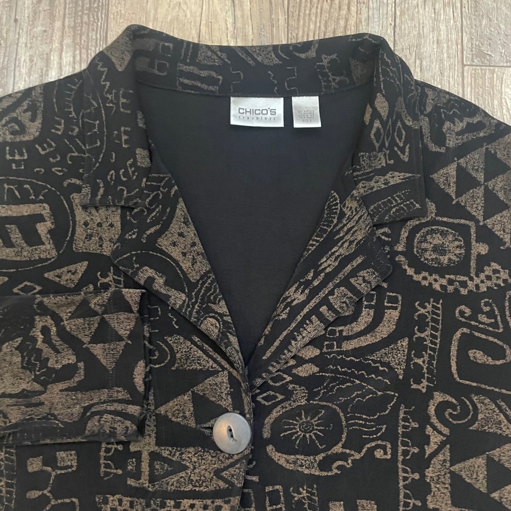 Chicos Travelers Black Gold Abstract Print Blazer Jacket Size Lg